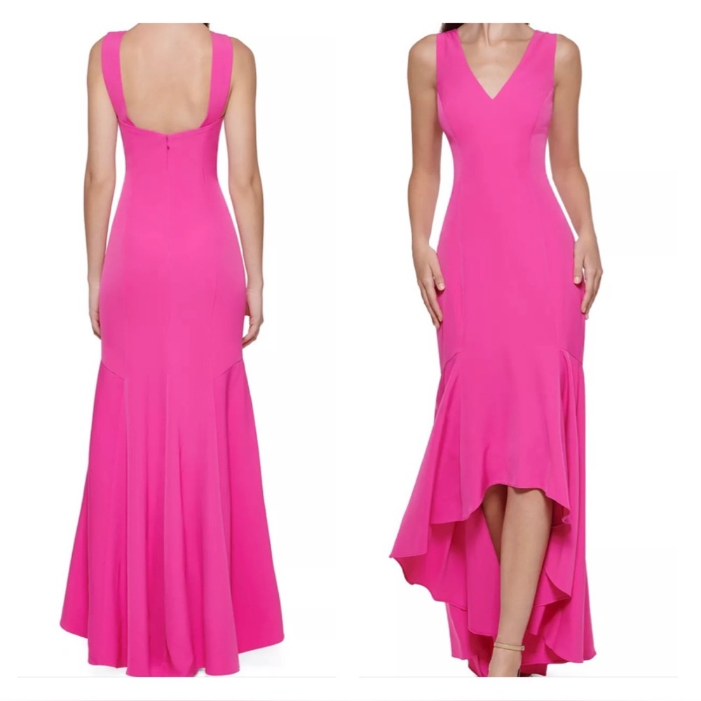 Vince Camuto Vibrant Pink High-Low V-Neck Gown